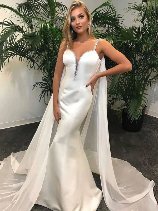 Trumpet/Mermaid V-neck Satin Watteau Train Wedding Dresses With Beading #Milly00023730