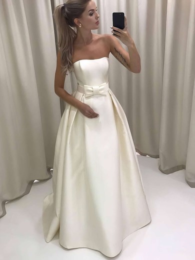 A-line Strapless Satin Floor-length Bow Wedding Dresses #Milly00023732