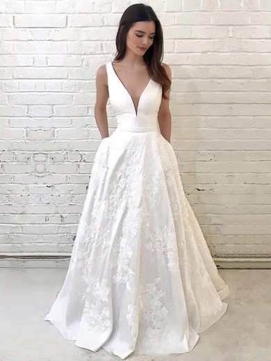 A-line V-neck Satin Floor-length Appliques Lace Wedding Dresses #Milly00023733