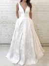 A-line V-neck Satin Floor-length Wedding Dresses With Pockets #Milly00023733