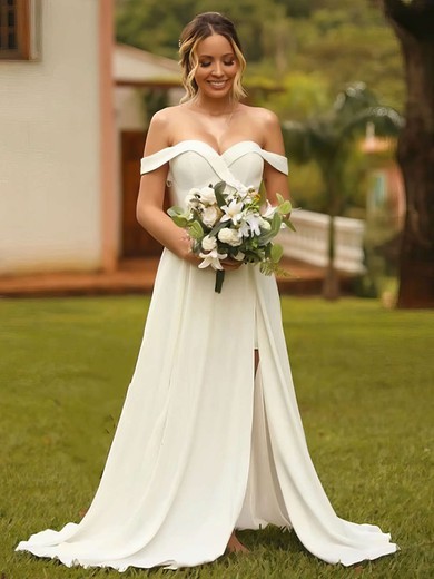 A-line Off-the-shoulder Silk-like Satin Sweep Train Split Front Wedding Dresses #Milly00023735