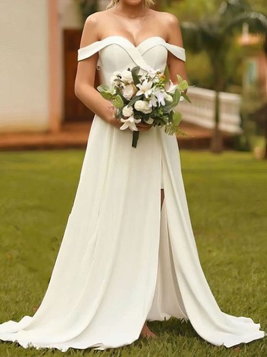 A-line Off-the-shoulder Silk-like Satin Sweep Train Wedding Dresses With Split Front #Milly00023735