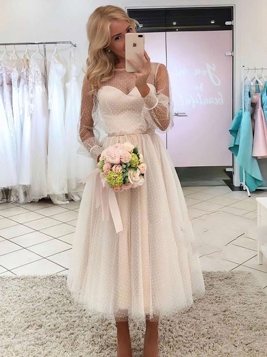 Ball Gown Illusion Tulle Ankle-length Wedding Dresses With Sashes / Ribbons #Milly00023736