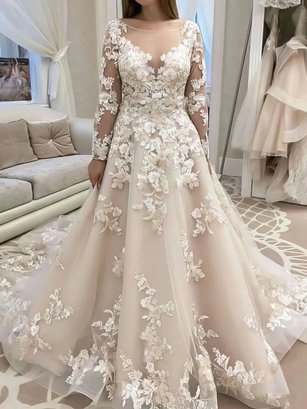 Ball Gown/Princess Illusion Organza Court Train Wedding Dresses With Appliques Lace #Milly00023737