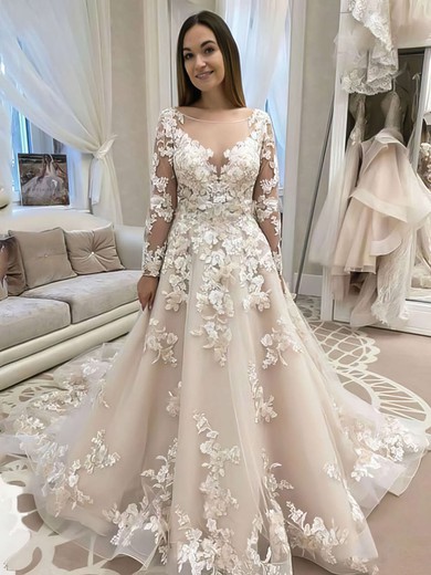 Ball Gown Scoop Neck Organza Court Train Appliques Lace Wedding Dresses #Milly00023737