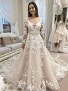 Ball Gown Illusion Organza Court Train Wedding Dresses With Appliques Lace #Milly00023737