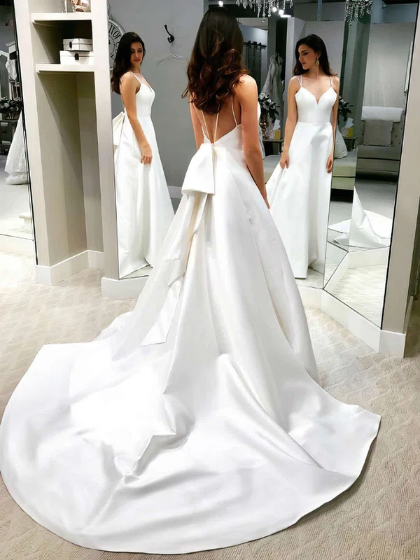 Ball Gown V-neck Satin Court Train Wedding Dresses With Bow #Milly00023738
