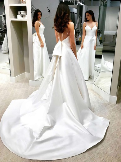 A-line V-neck Satin Court Train Bow Wedding Dresses #Milly00023738