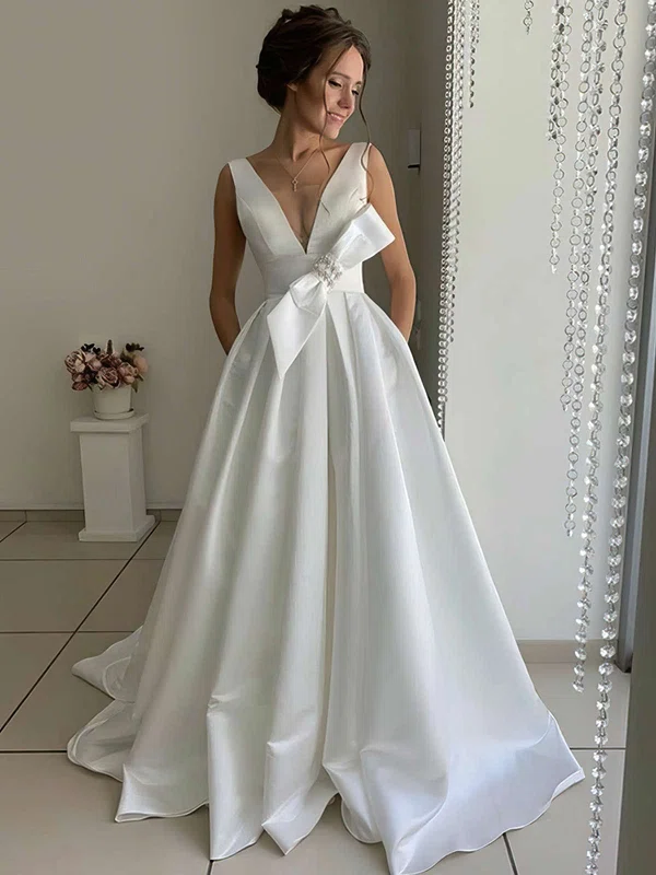 Ball Gown V-neck Satin Sweep Train Wedding Dresses With Pockets #Milly00023739