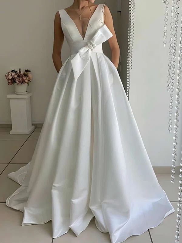 Ball Gown V-neck Satin Sweep Train Wedding Dresses With Pockets #Milly00023739