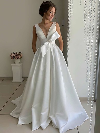 A-line V-neck Satin Sweep Train Bow Wedding Dresses #Milly00023739