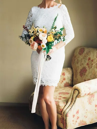 Sheath/Column Scalloped Neck Lace Short/Mini Wedding Dresses #Milly00023741