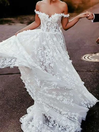 Ball Gown/Princess Off-the-shoulder Tulle Sweep Train Wedding Dresses With Appliques Lace #Milly00023742