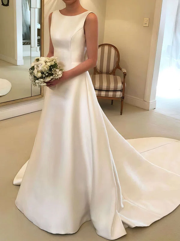 Ball Gown/Princess Scoop Neck Satin Sweep Train Wedding Dresses With Bow #Milly00023743