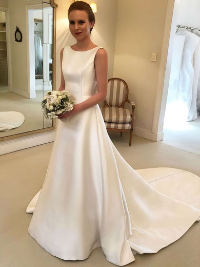 A-line Scoop Neck Satin Sweep Train Bow Wedding Dresses #Milly00023743