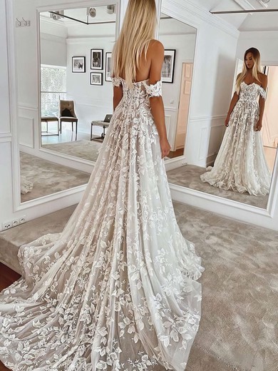Ball Gown Off-the-shoulder Lace Sweep Train Wedding Dresses With Appliques Lace #Milly00023744