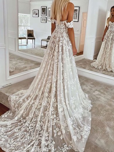 Ball Gown Off-the-shoulder Lace Sweep Train Wedding Dresses With Appliques Lace #Milly00023744