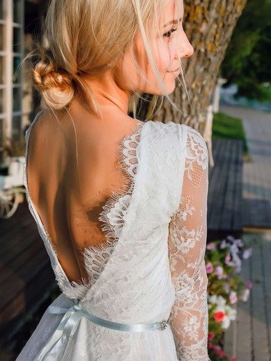 A-line V-neck Lace Short/Mini Sashes / Ribbons Wedding Dresses #Milly00023745