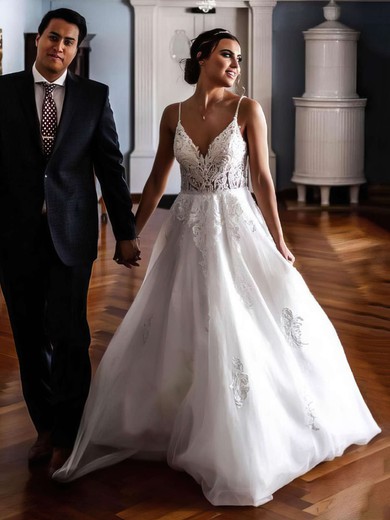 Ball Gown V-neck Tulle Sweep Train Wedding Dresses With Appliques Lace #Milly00023748