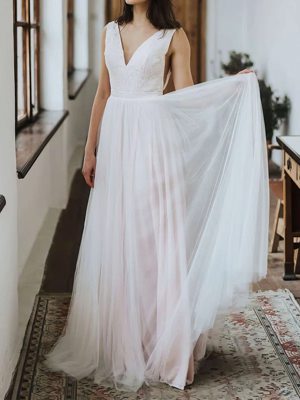 A-line V-neck Tulle Floor-length Wedding Dresses With Lace #Milly00023749