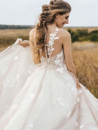 Ball Gown Illusion Tulle Sweep Train Wedding Dresses With Appliques Lace #Milly00023750