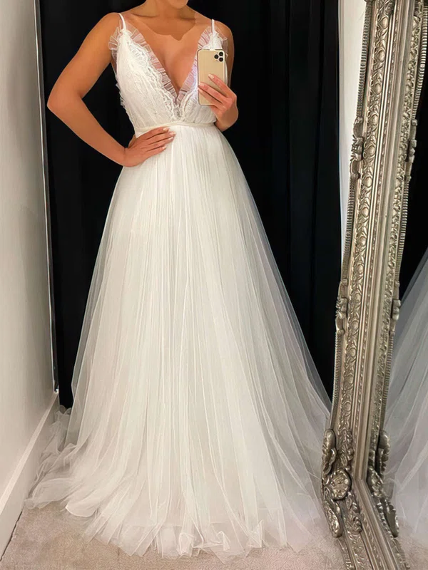 Ball Gown/Princess V-neck Tulle Sweep Train Wedding Dresses With Lace #Milly00023751