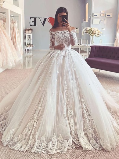 Ball Gown Off-the-shoulder Tulle Sweep Train Wedding Dresses With Appliques Lace #Milly00023754