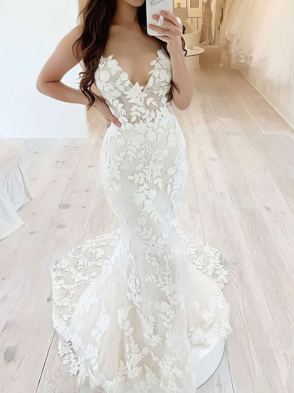 Trumpet/Mermaid V-neck Lace Sweep Train Wedding Dresses With Appliques Lace #Milly00023756