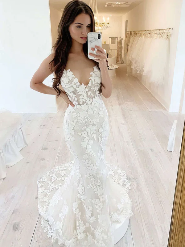 Trumpet/Mermaid V-neck Lace Sweep Train Wedding Dresses With Appliques Lace #Milly00023756