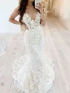 Trumpet/Mermaid V-neck Lace Sweep Train Wedding Dresses With Appliques Lace #Milly00023756