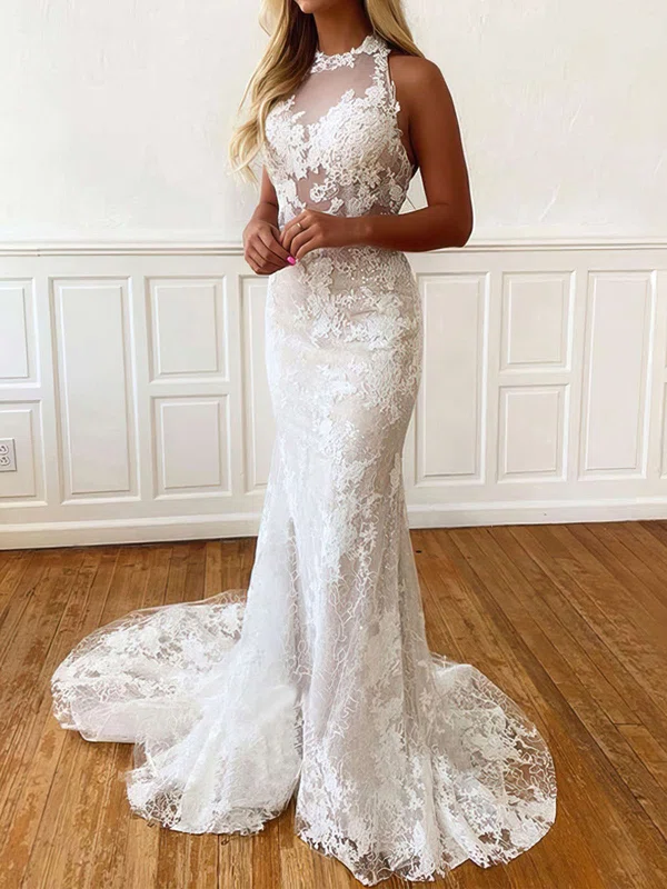 Trumpet/Mermaid Halter Lace Sweep Train Wedding Dresses With Appliques Lace #Milly00023759