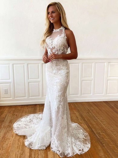 Trumpet/Mermaid Halter Lace Sweep Train Wedding Dresses With Appliques Lace #Milly00023759