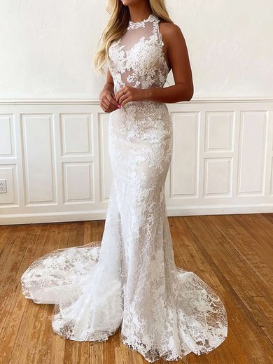 Trumpet/Mermaid Halter Lace Sweep Train Wedding Dresses With Appliques Lace #Milly00023759