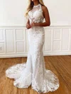 Trumpet/Mermaid Halter Lace Sweep Train Wedding Dresses With Appliques Lace #Milly00023759