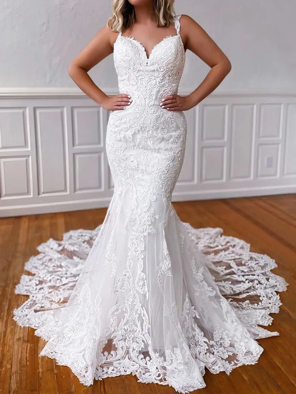 Trumpet/Mermaid V-neck Tulle Court Train Wedding Dresses With Appliques Lace #Milly00023760