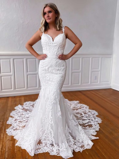 Trumpet/Mermaid V-neck Tulle Court Train Wedding Dresses With Appliques Lace #Milly00023760
