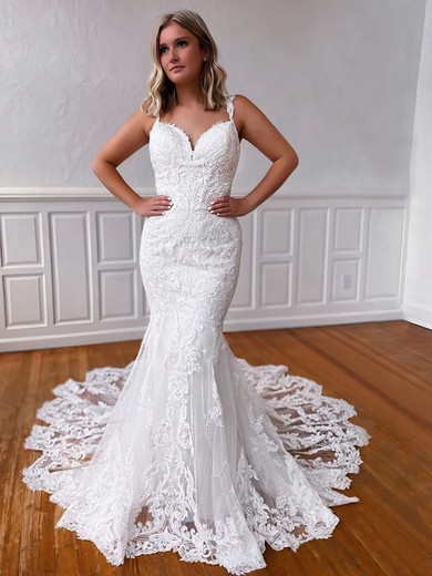 Trumpet/Mermaid V-neck Tulle Court Train Appliques Lace Wedding Dresses #Milly00023760