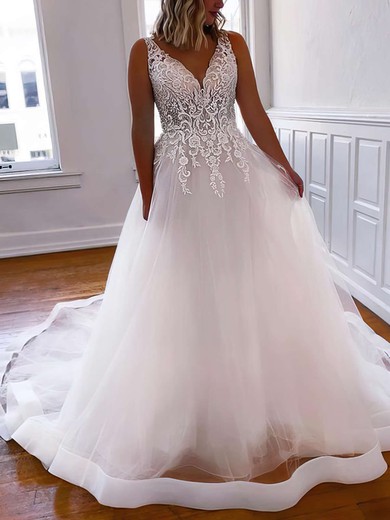 Ball Gown V-neck Tulle Sweep Train Wedding Dresses With Appliques Lace #Milly00023761