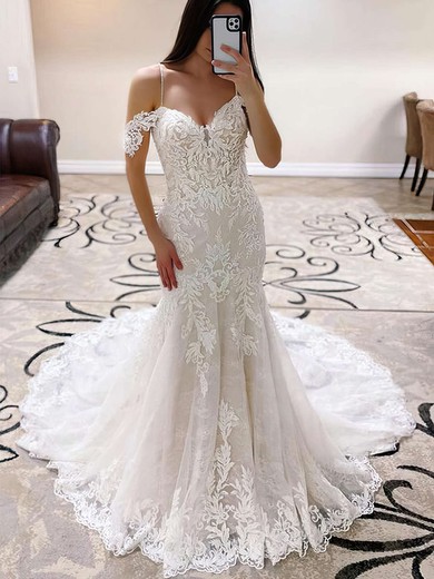 Trumpet/Mermaid Off-the-shoulder Tulle Sweep Train Appliques Lace Wedding Dresses #Milly00023763