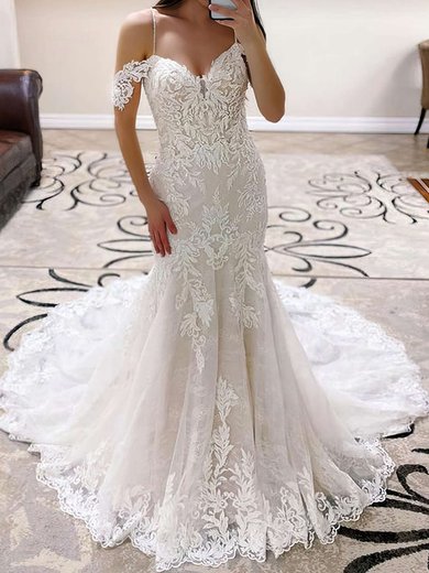 Trumpet/Mermaid Off-the-shoulder Tulle Sweep Train Wedding Dresses With Appliques Lace #Milly00023763