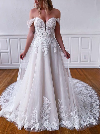 Ball Gown Off-the-shoulder Tulle Court Train Wedding Dresses With Appliques Lace #Milly00023764