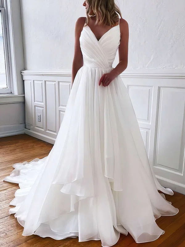 Ball Gown V-neck Organza Sweep Train Wedding Dresses With Ruffles #Milly00023765