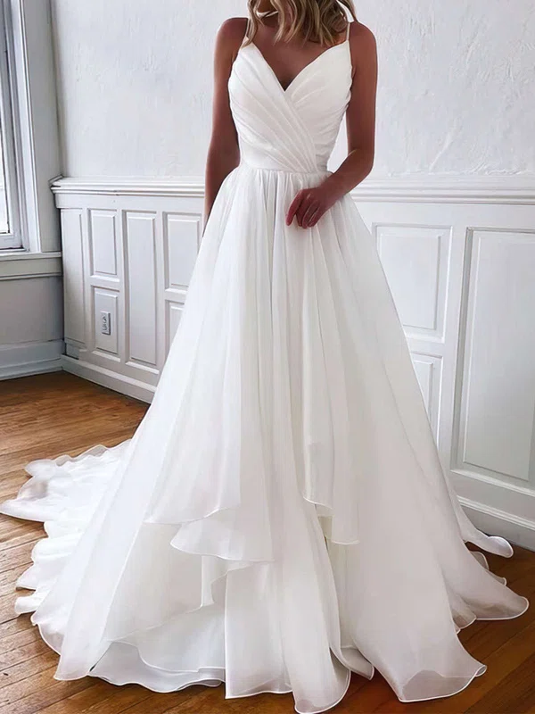 Ball Gown V-neck Organza Sweep Train Wedding Dresses With Ruffles #Milly00023765