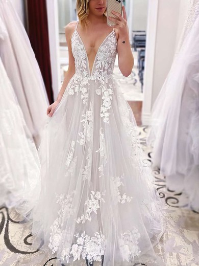 Ball Gown V-neck Tulle Sweep Train Wedding Dresses With Appliques Lace #Milly00023766