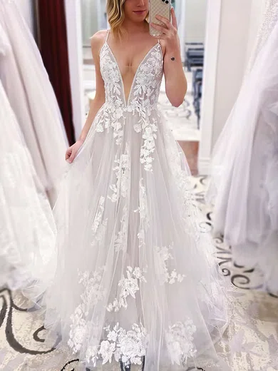 Ball Gown/Princess V-neck Tulle Sweep Train Wedding Dresses With Appliques Lace #Milly00023766