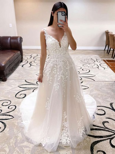 A-line V-neck Tulle Sweep Train Appliques Lace Wedding Dresses #Milly00023768