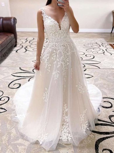 Ball Gown/Princess V-neck Tulle Sweep Train Wedding Dresses With Appliques Lace #Milly00023768