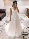 Ball Gown V-neck Tulle Sweep Train Wedding Dresses With Appliques Lace #Milly00023768