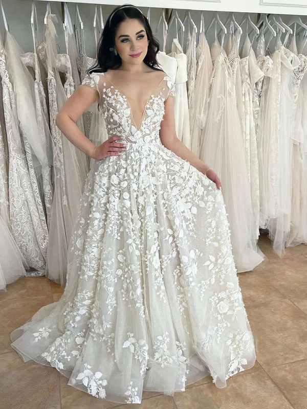 Ball Gown V-neck Tulle Sweep Train Wedding Dresses With Appliques Lace #Milly00023769