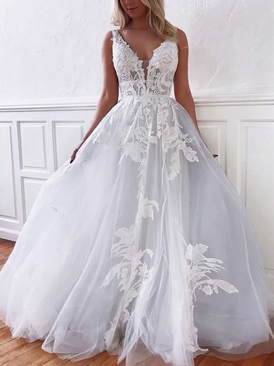 A-line V-neck Tulle Floor-length Appliques Lace Wedding Dresses #Milly00023770